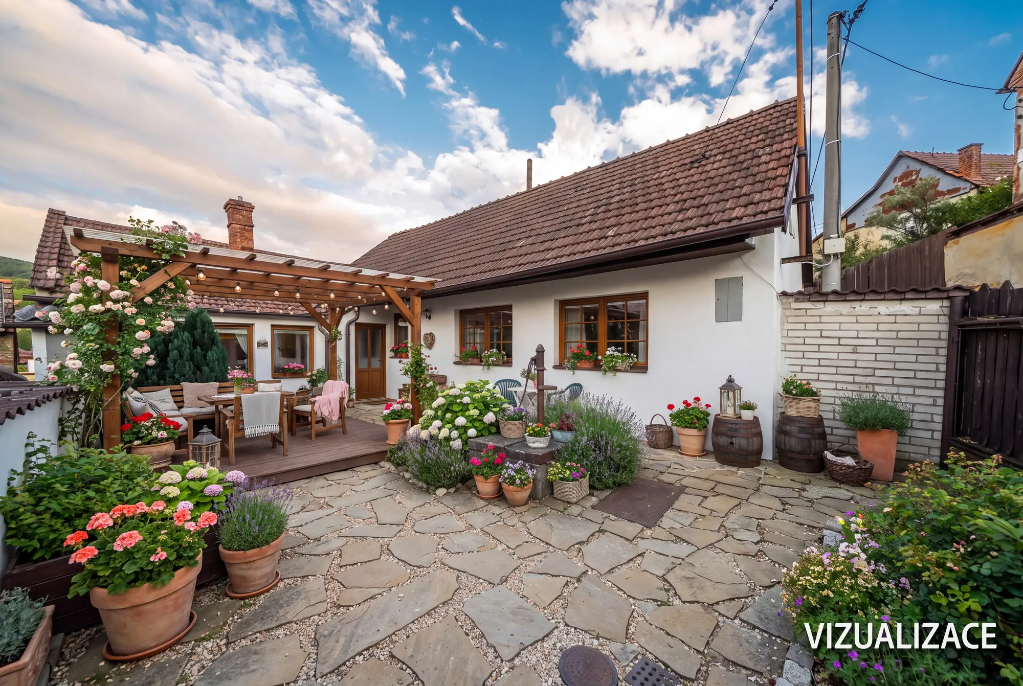 Vizualizace dvora s posezením a květinami