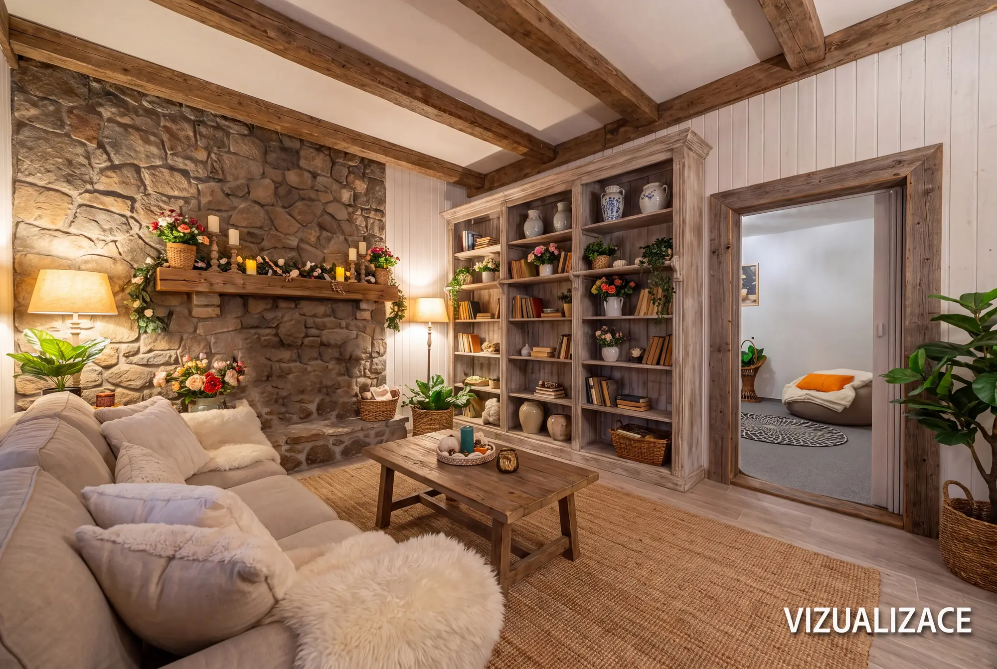 Vizualizace obývacího pokoje s kamennou stěnou